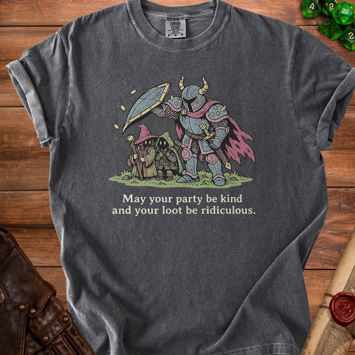 Charcoal t-shirt featuring a fantasy roleplaying party illustration and the text, May your party be kind and your loot be ridiculous.