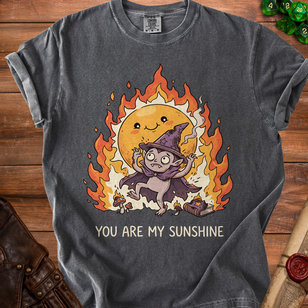 Dark gray t-shirt with "You Are My Sunshine" text and vampire in flames.