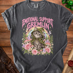 Grey t-shirt with "Emotional Support Gremlin" text and a kitten in a witch hat.