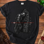 Black t-shirt with a knight reaching for a wooden door, reading "TECHNOLOGY OF THE ANCIENTS".