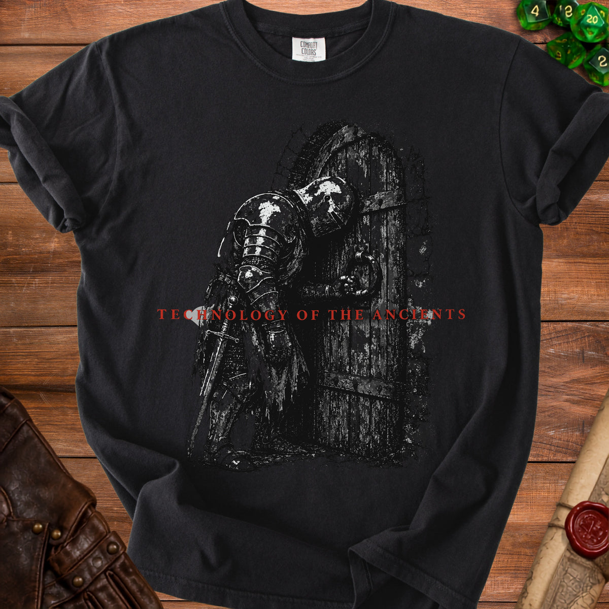 Black t-shirt with a knight reaching for a wooden door, reading "TECHNOLOGY OF THE ANCIENTS".