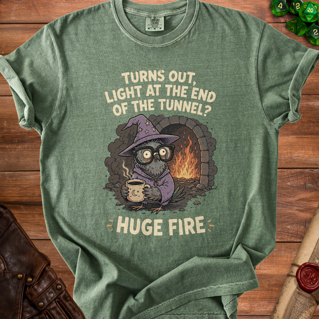 Green t-shirt with owl wizard holding coffee and text "HUGE FIRE".