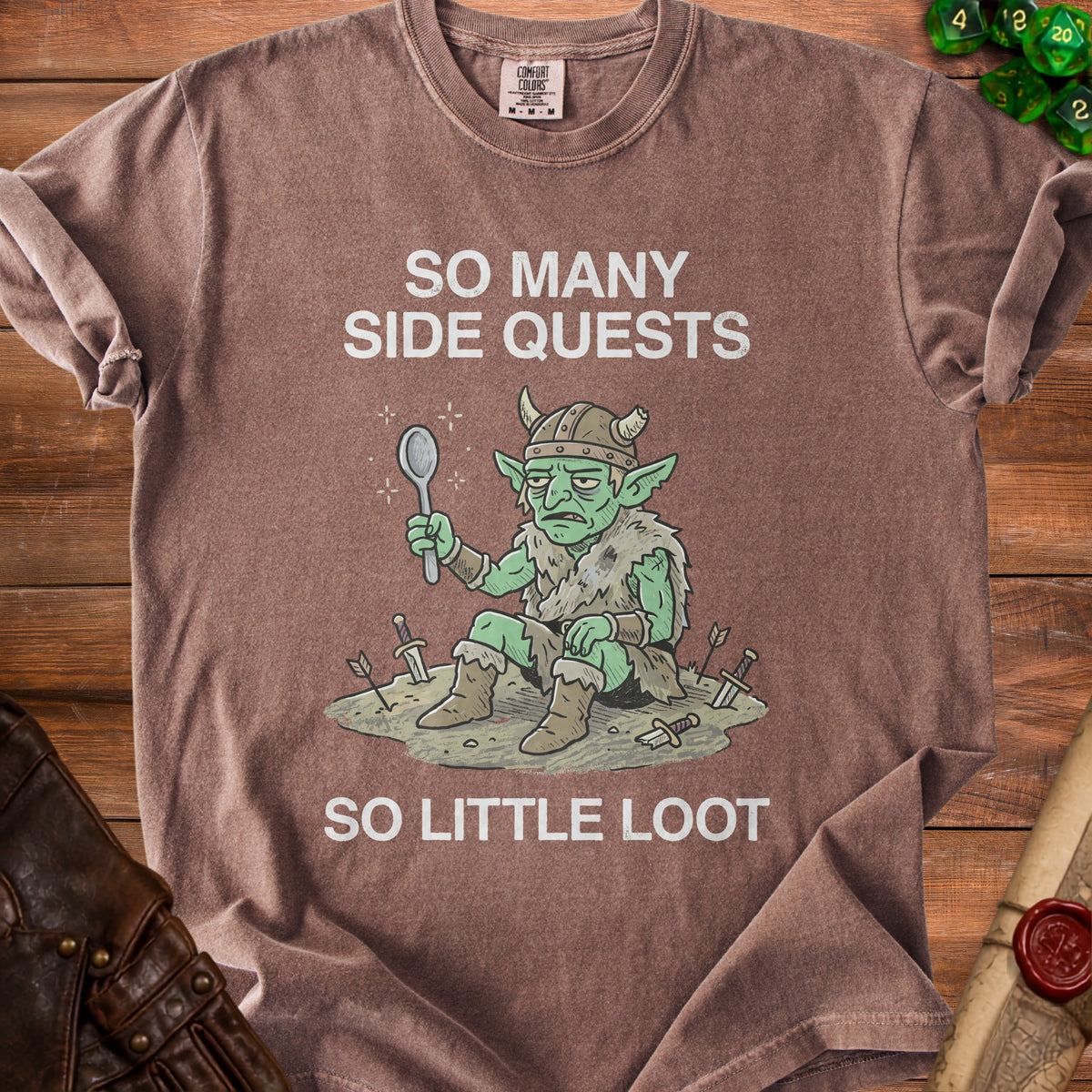 Brown t-shirt with cartoon goblin holding spoon, "So Many Side Quests So Little Loot".