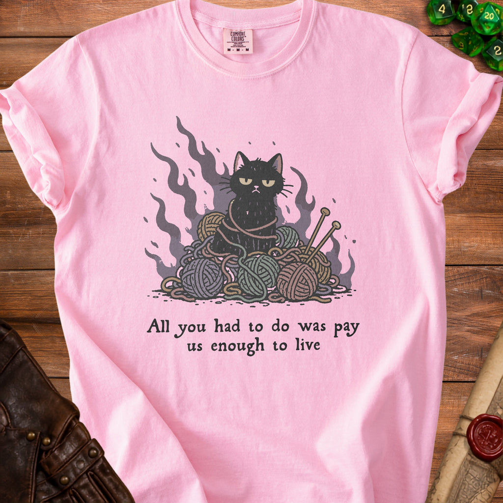 Pink t-shirt with grumpy black cat tangled in yarn, saying "All you had to do was pay us enough to live."