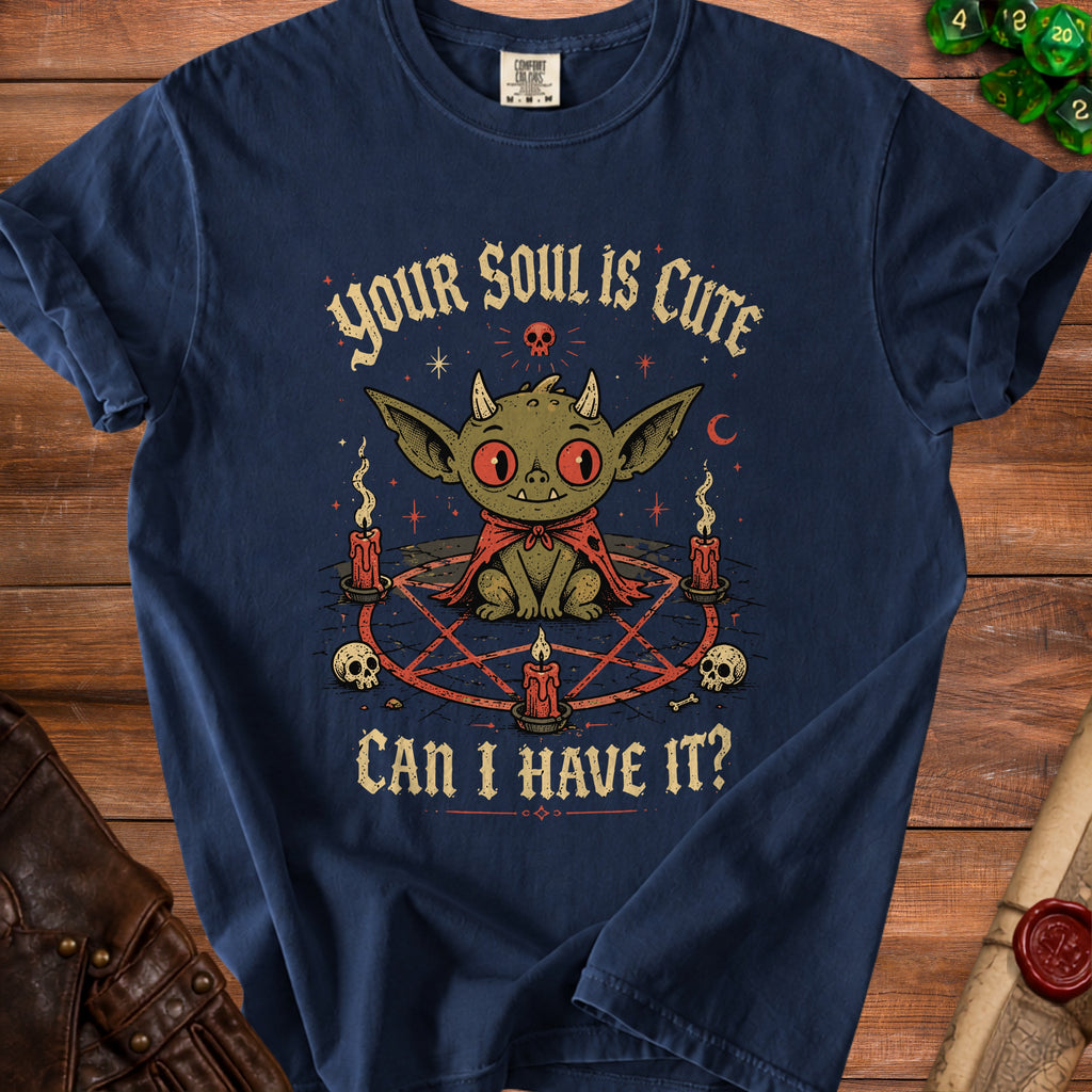 Dark blue t-shirt with "Your Soul is Cute" and a goblin graphic.