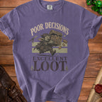 Purple t-shirt with a goblin carrying a chest, reading "Poor Decisions Excellent Loot".