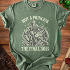 Green t-shirt with "Not a Princess The Final Boss" text and warrior woman with axe on dragon.