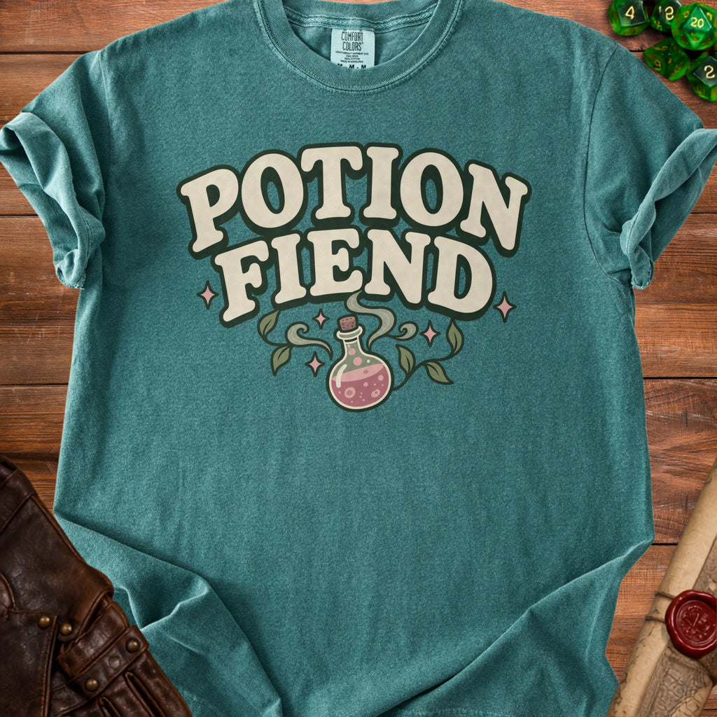 Teal t-shirt with "POTION FIEND" text and a bubbling potion illustration.