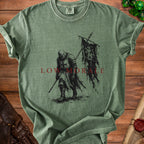 Green t-shirt with knight illustration and "LOW MORALE" text.