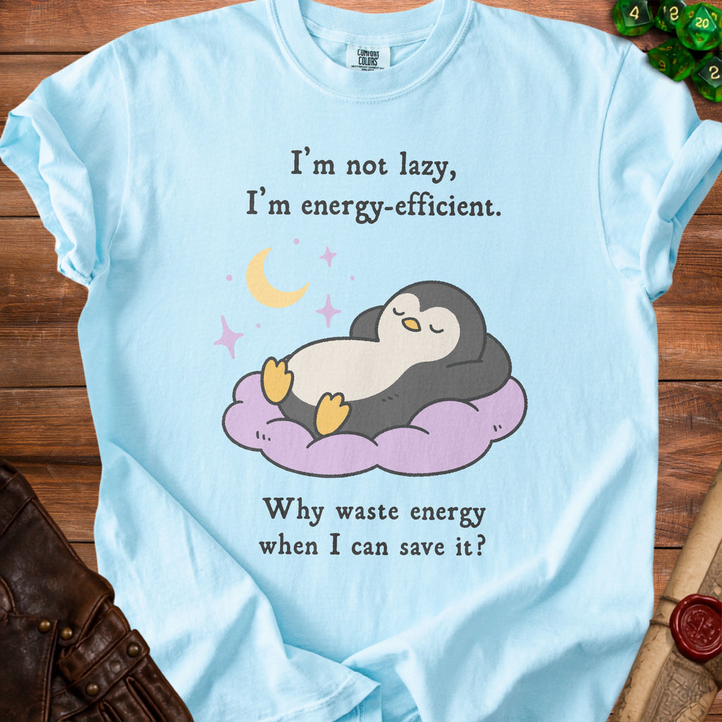 Light blue t-shirt with a sleeping penguin on a cloud and text about energy efficiency.