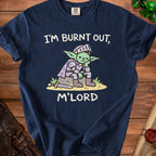 Dark blue t-shirt with illustration of tired goblin knight and text "I'm Burnt Out, M'Lord".