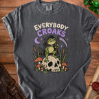 Dark grey t-shirt with a grim reaper frog on a skull design and text "Everybody Croaks".