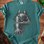 Green t-shirt with graphic of knight armor and text "RUNNING ON EMPTY".