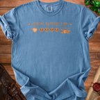Blue t-shirt with "SOCIAL BATTERY: 1 HP" and game heart icons.