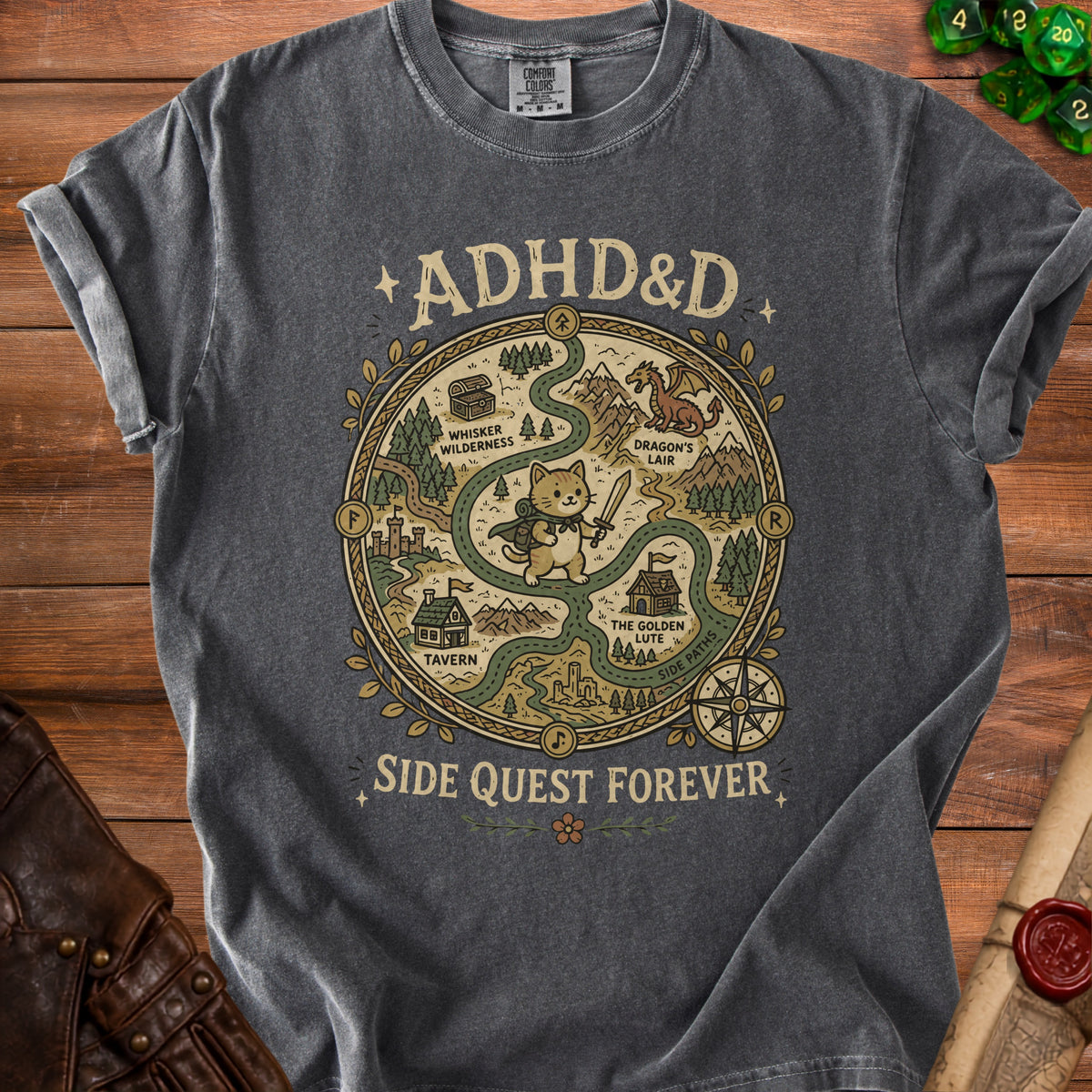 Gray t-shirt with "ADHD&D SIDE QUEST FOREVER" and a fantasy map graphic.
