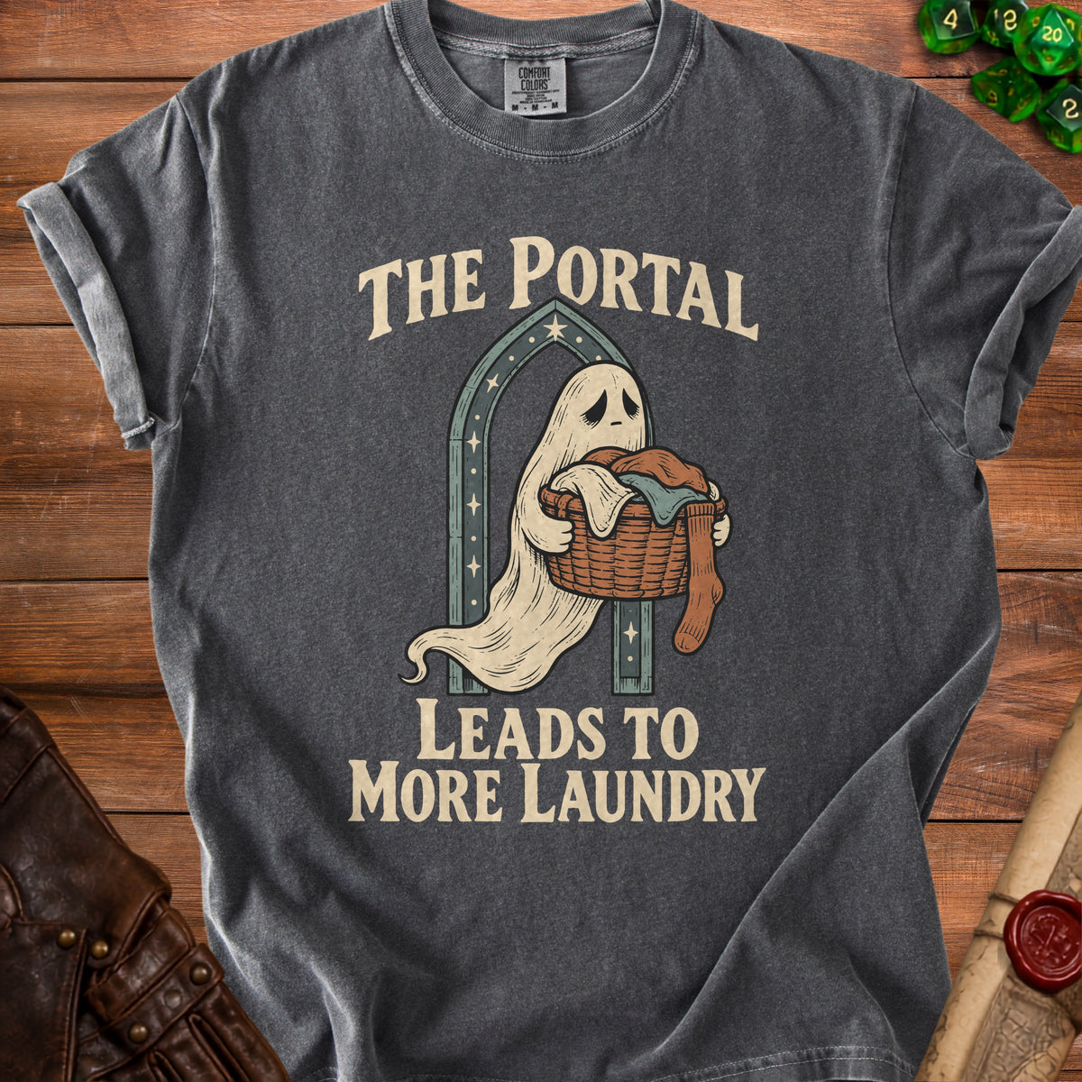 Grey t-shirt with text "The Portal Leads to More Laundry" and a ghost holding laundry.
