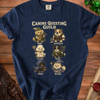Navy t-shirt with "Canine Questing Guild" and six dogs as fantasy characters.