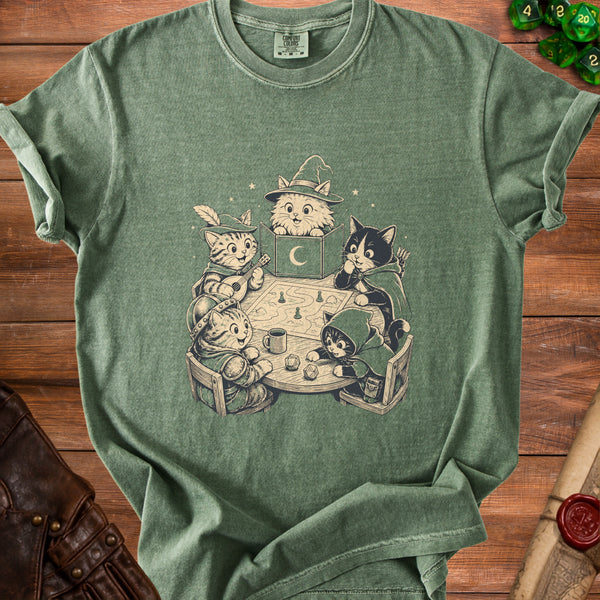 Dungeon Cats Game Night Party T-Shirt in Moss