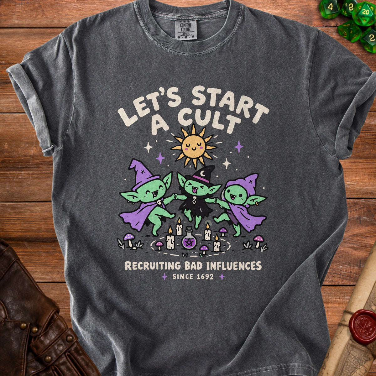 Gray t-shirt with "Let's Start a Cult" graphic featuring goblins, sun, and candles.