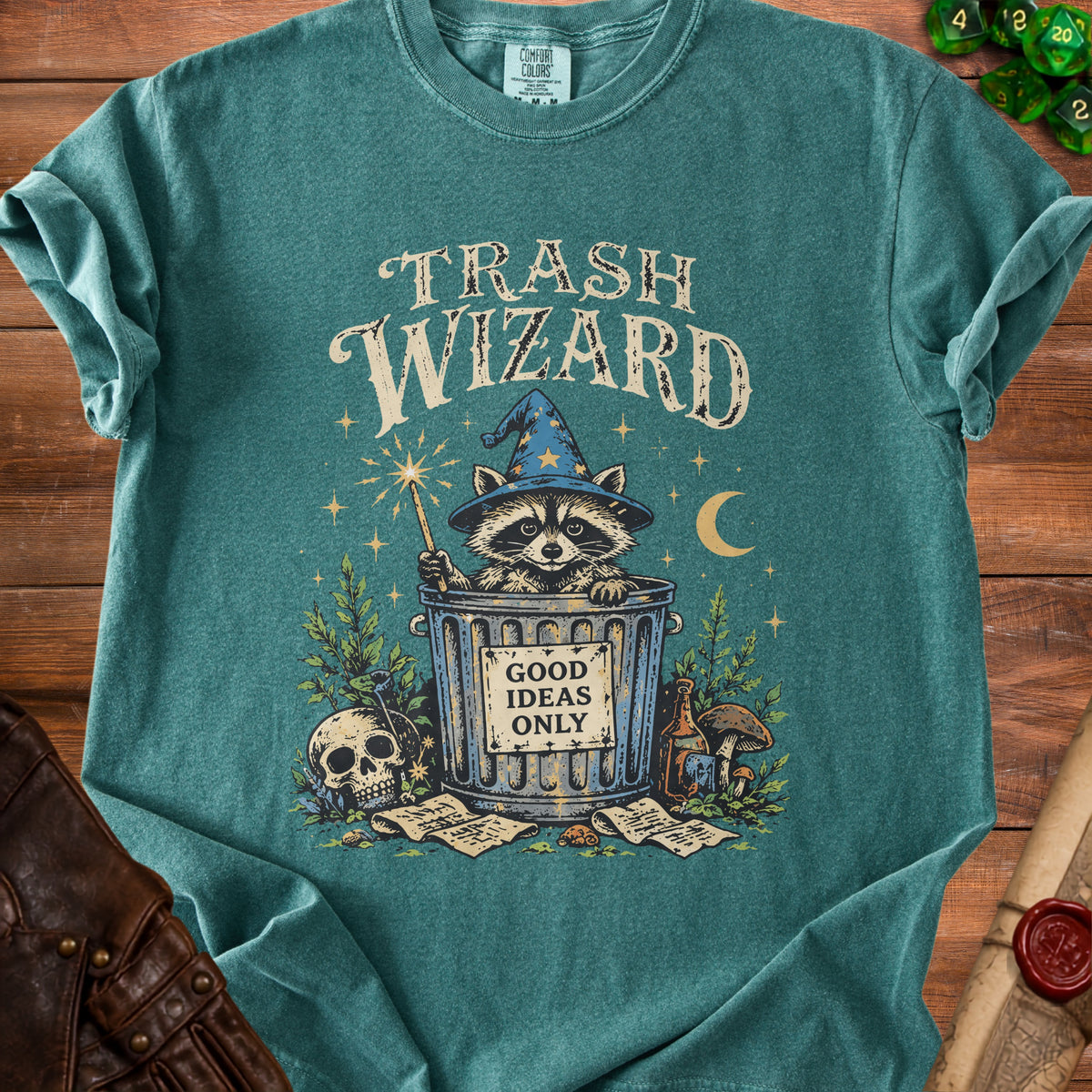 Trash Wizard raccoon in a trash can with "Good Ideas Only" text and magical elements.