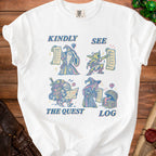 White t-shirt with "Kindly See The Quest Log" and four fantasy characters with lists.