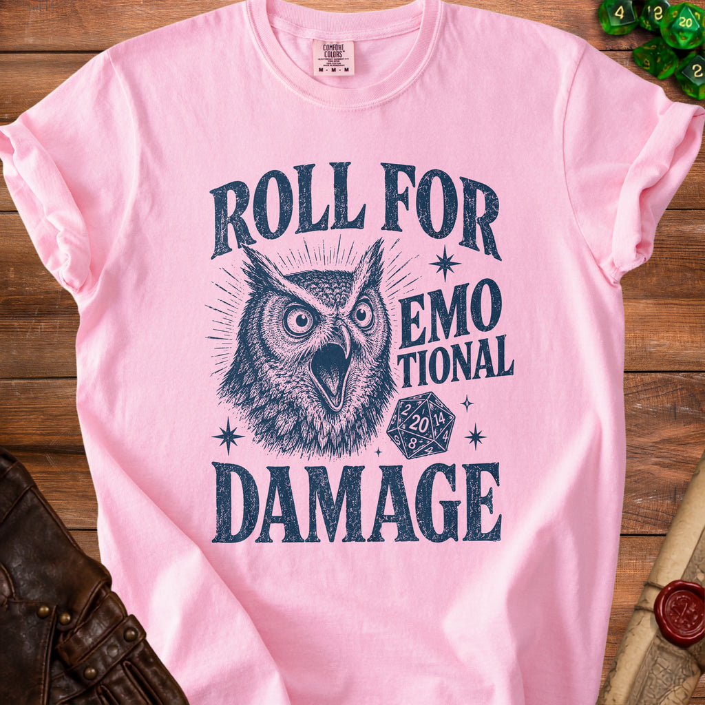 Pink t-shirt with dark blue distressed graphic of an owl and text "Roll For Emotional Damage."