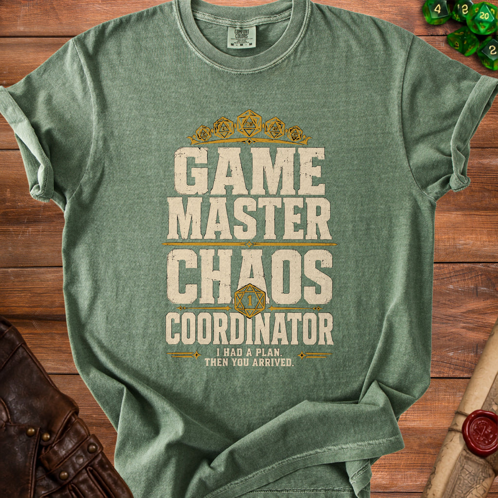 Green t-shirt with "Game Master Chaos Coordinator" text and dice design.