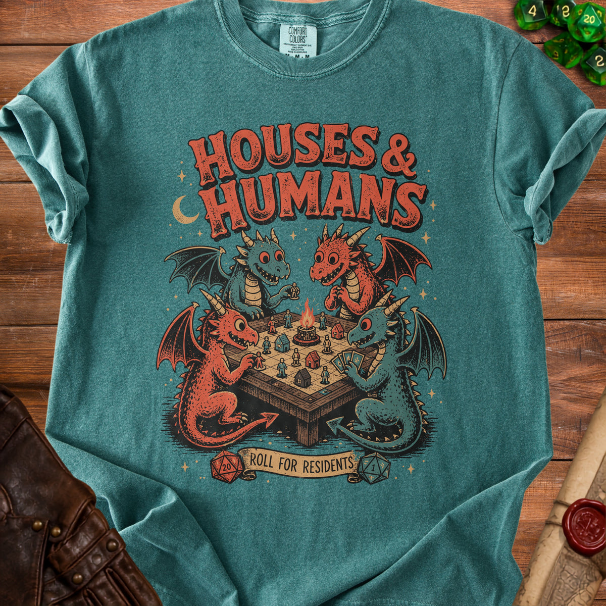 Dragons playing a tabletop game with text "HOUSES & HUMANS ROLL FOR RESIDENTS".