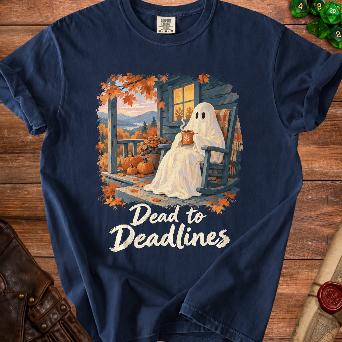 Ghost sitting on rocking chair with coffee, "Dead to Deadlines" text.