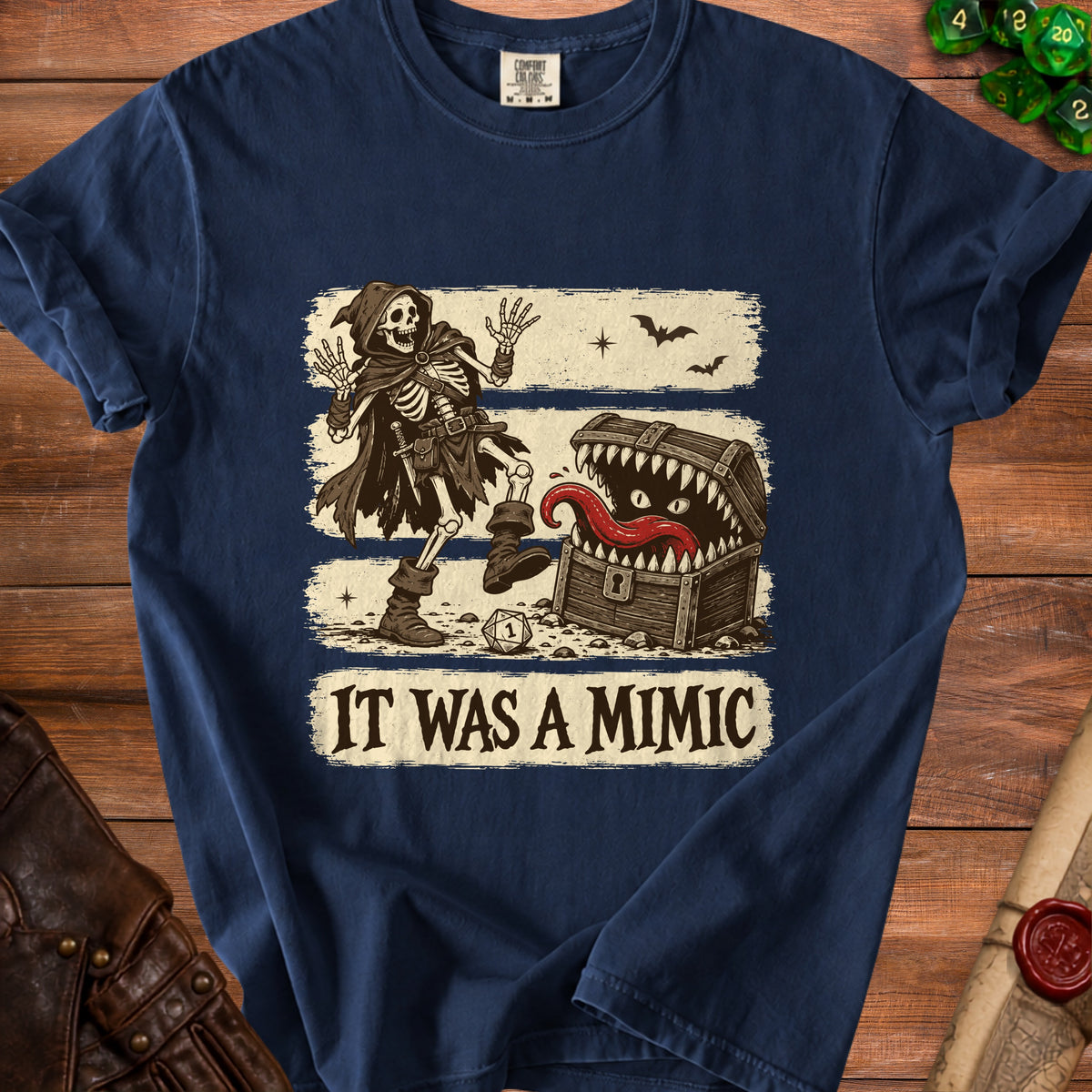 Dark blue t-shirt with grim reaper skeleton, mimic chest, and text "It Was A Mimic".