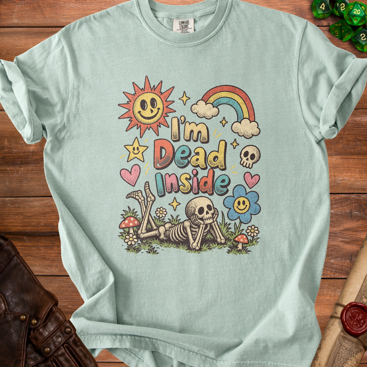 Light blue t-shirt with "I'm Dead Inside" graphic featuring a skeleton and retro elements.