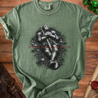 T-shirt with a knight in armor lying in a field of flowers, "Rap Then Conquer" text.