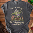 Goblin in armor holding a phone, with text "First in my bloodline to be chronically online."