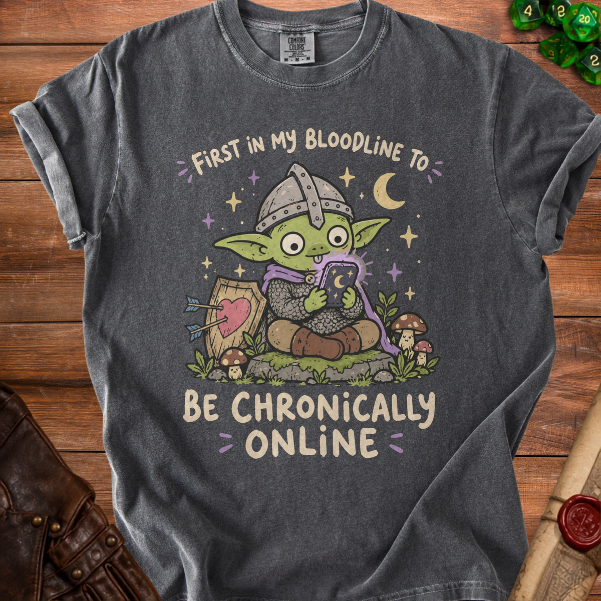 Goblin in armor holding a phone, with text "First in my bloodline to be chronically online."