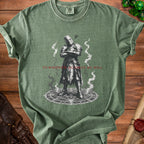 Green t-shirt with knight graphic and text "SUMMONED AGAINST MY WILL".