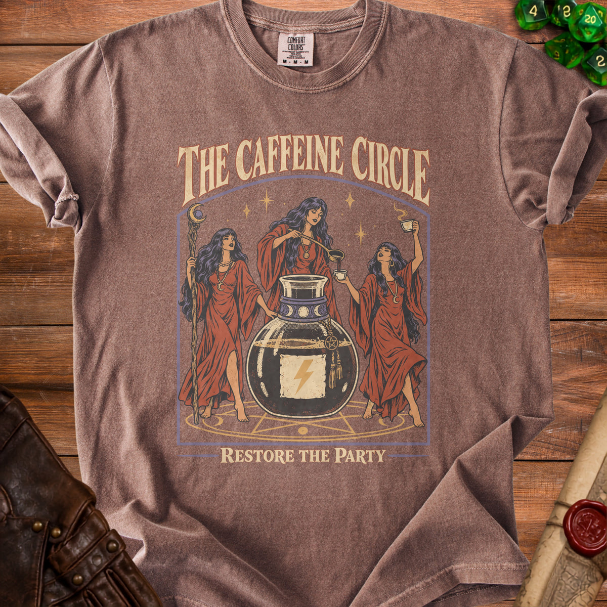Brown t-shirt with "The Caffeine Circle Restore the Party" graphic.