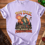 Purple t-shirt with a wizard graphic and text "Big Talk For Someone In Fireball Range".