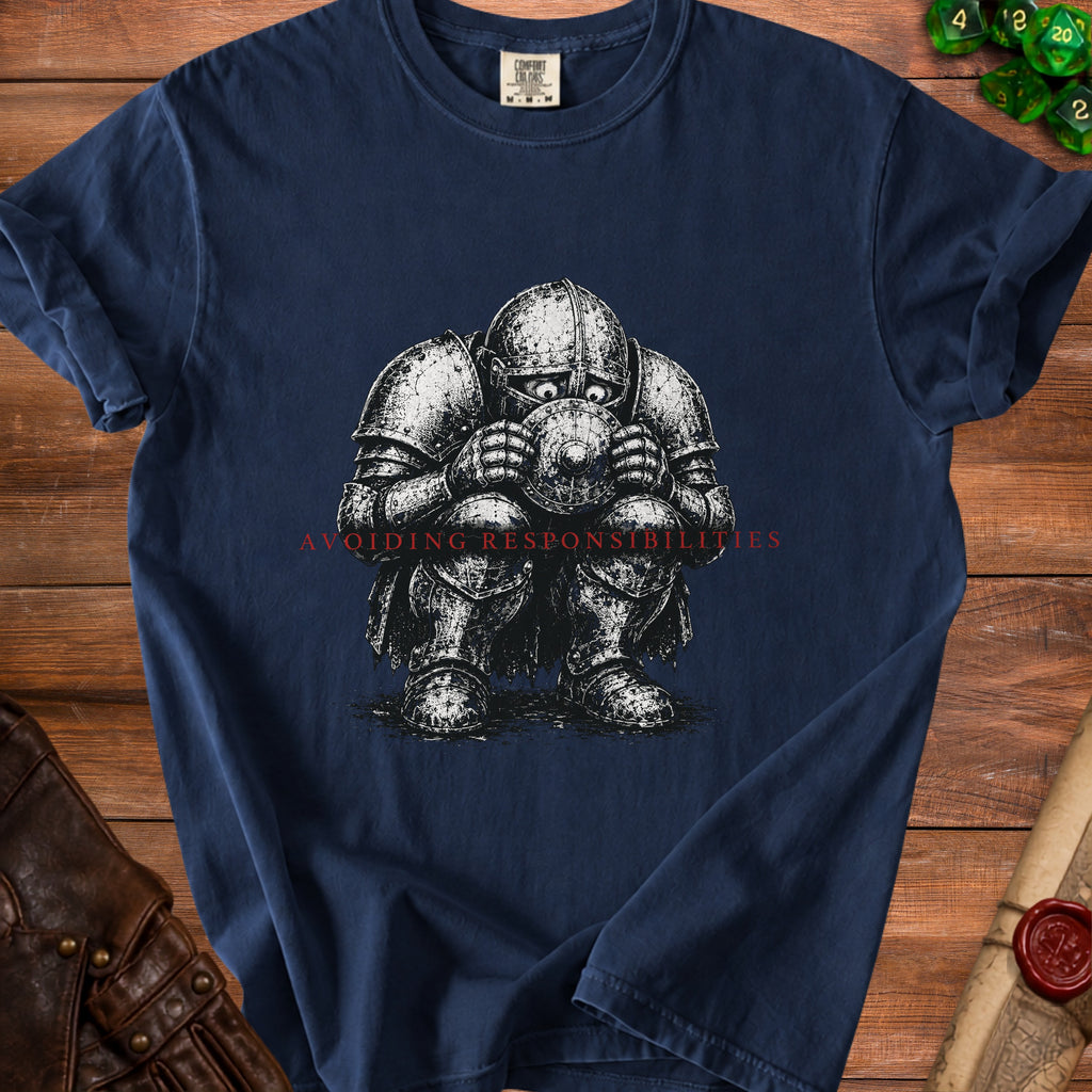 Navy t-shirt with distressed knight graphic and "Avoiding Responsibilities" text.