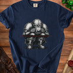 Navy t-shirt with distressed knight graphic and "Avoiding Responsibilities" text.