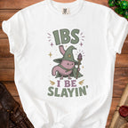 White t-shirt with a cartoon stomach wearing a wizard hat and robe, reading "IBS I BE SLAYIN'".