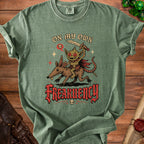 Green t-shirt with goblin riding rat and text "On My Own Frequency".
