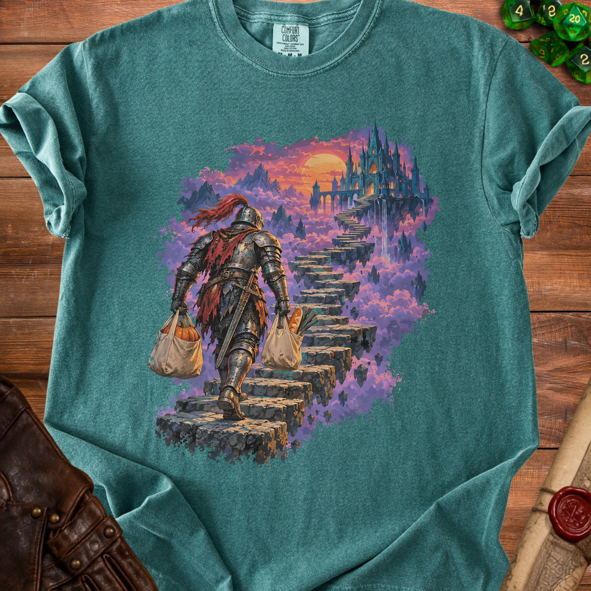 Knight carrying grocery bags climbs stairs toward a floating castle at sunset.