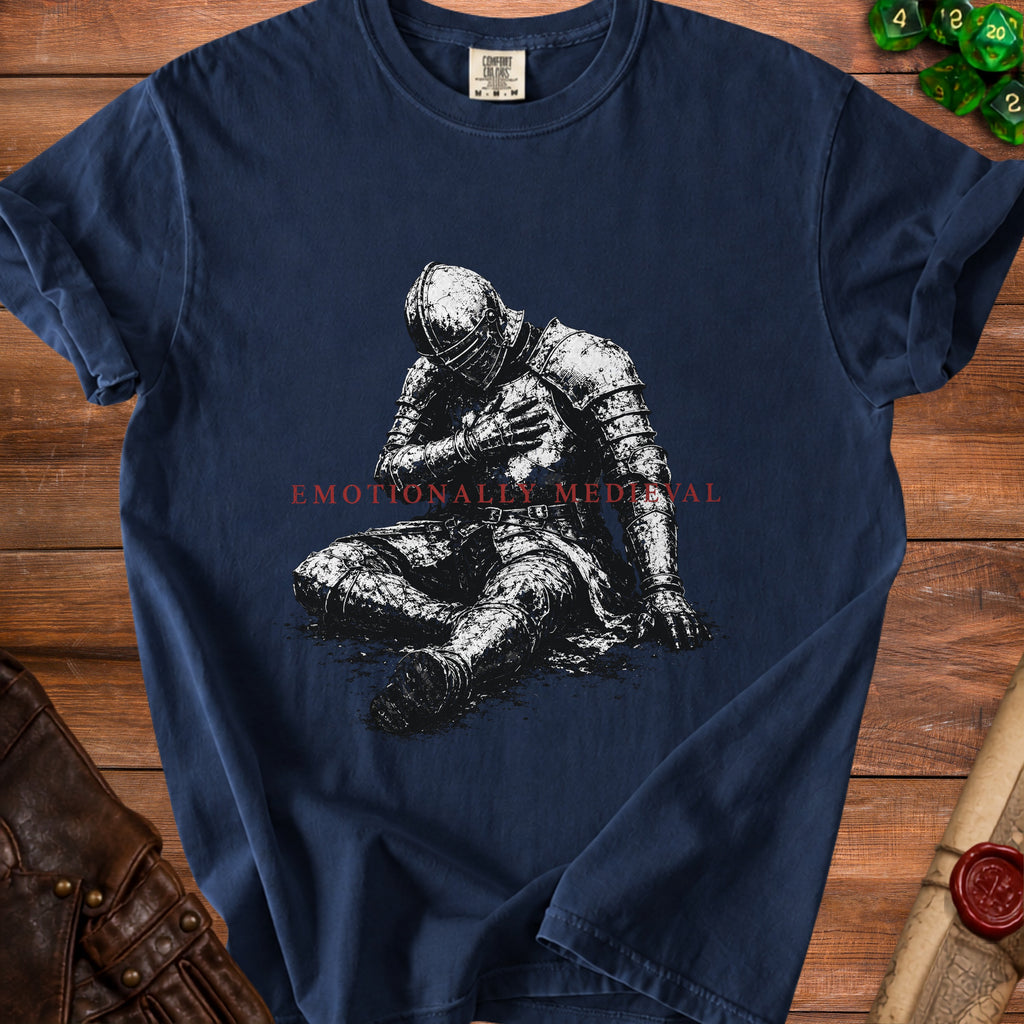 Navy t-shirt with a distressed knight illustration and "Emotionally Medieval" text.