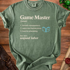 Green t-shirt with "Game Master" definition text and blue open book icon.