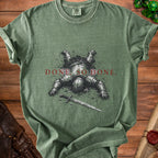 Green t-shirt with knight artwork and text "DONE SO DONE."