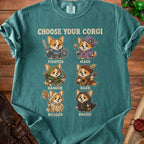 T-shirt with "Choose Your Corgi" text and six corgis dressed as fantasy characters.