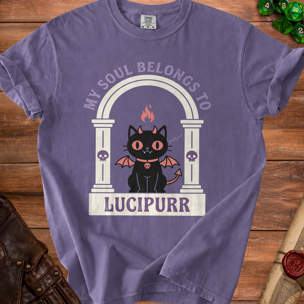 Purple t-shirt with a black cat with wings and horns, text reads "MY SOUL BELONGS TO LUCIPURR".