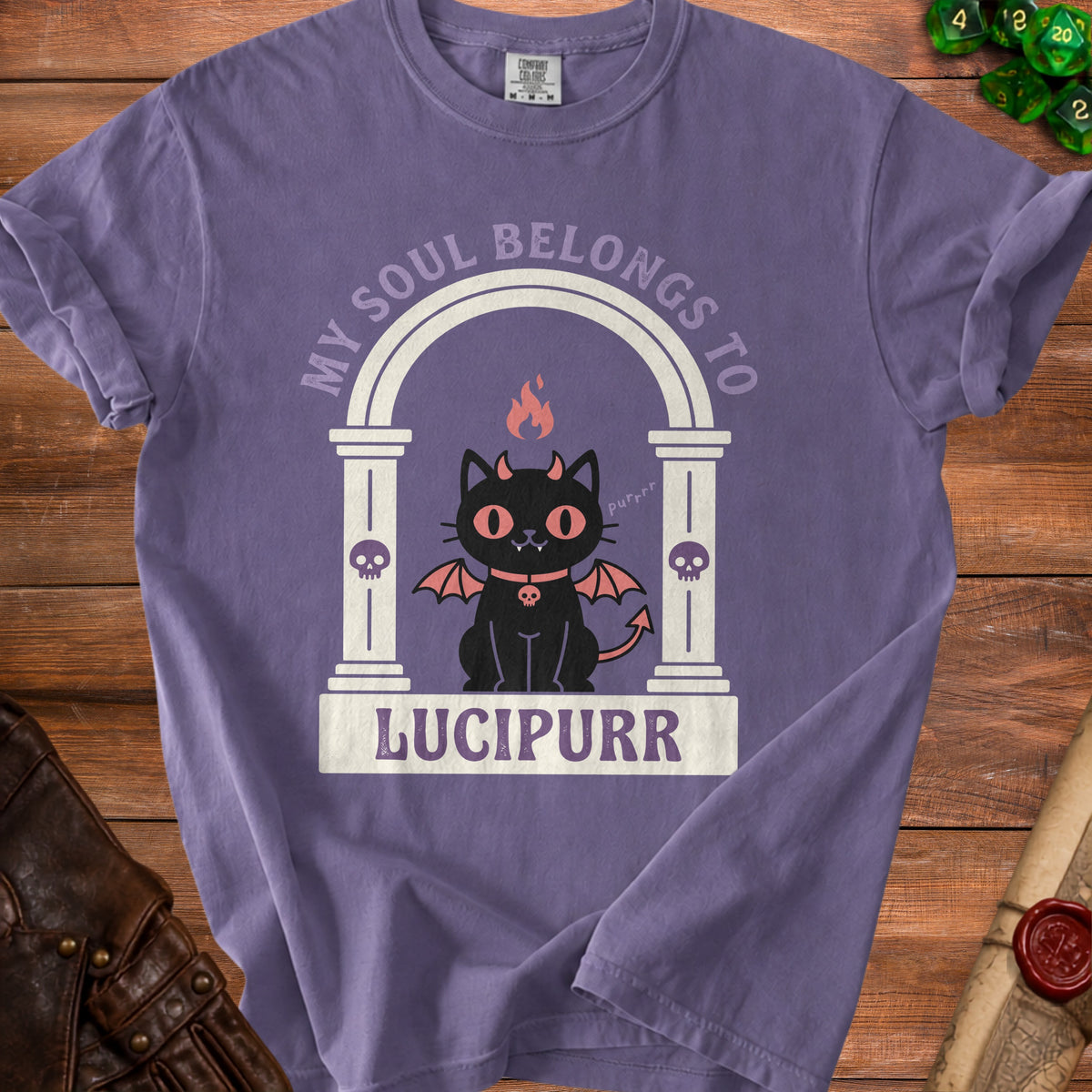 Purple t-shirt with a black cat with wings and horns, text reads "MY SOUL BELONGS TO LUCIPURR".