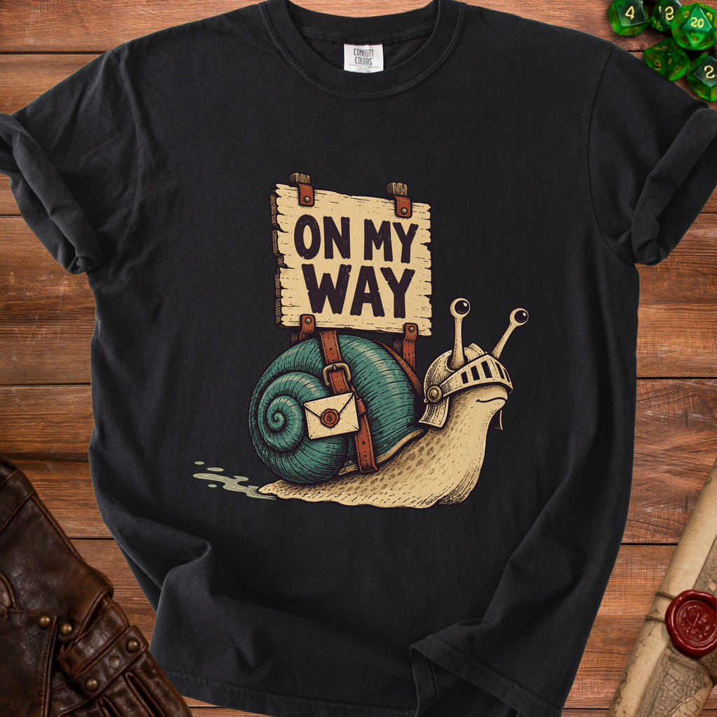 Snail knight with armor and a sign that reads "ON MY WAY."