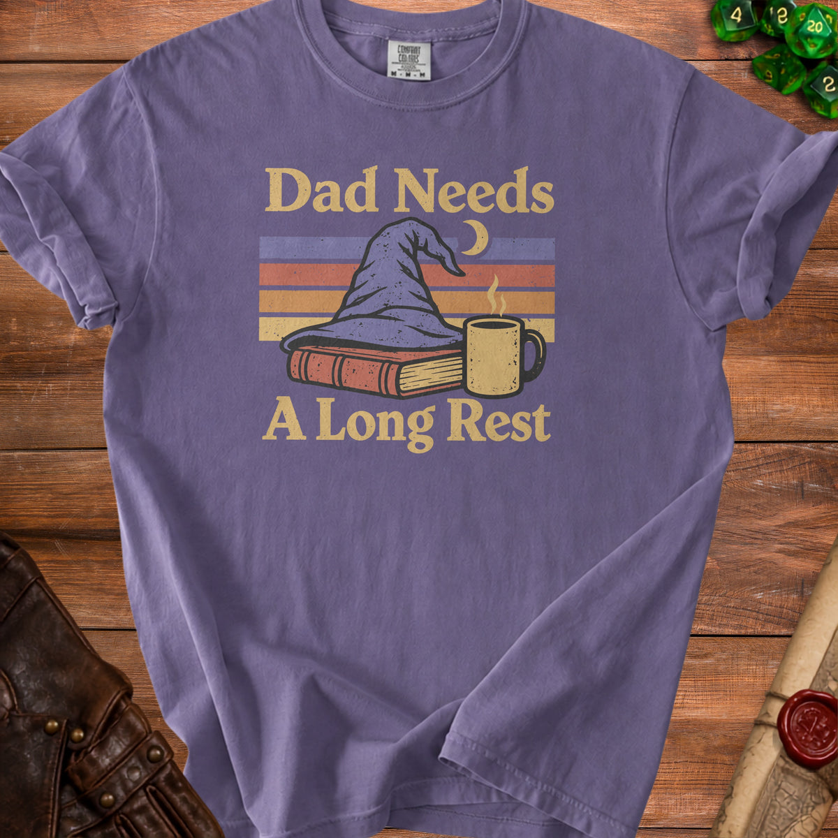 Purple t-shirt with "Dad Needs A Long Rest" text and wizard hat graphic.